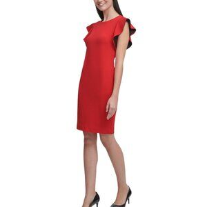 Calvin Klein Ruffle Sleeve Sheath Dress Red Black Ruffle Sleeves Women's Size 14